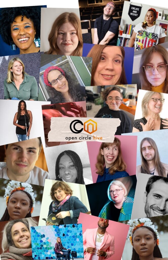 A collage of different disabled artists that are part of the Hive. 24 artists of varying backgrounds are highlights. The Open Circle Hive Logo is in the middle of the collage.